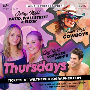 Early Bus - 10:20pm West - 10:35 East - Thursdays at Patio, Elixir, Wall Street, Cowboys, Southern Nights - Party Bus